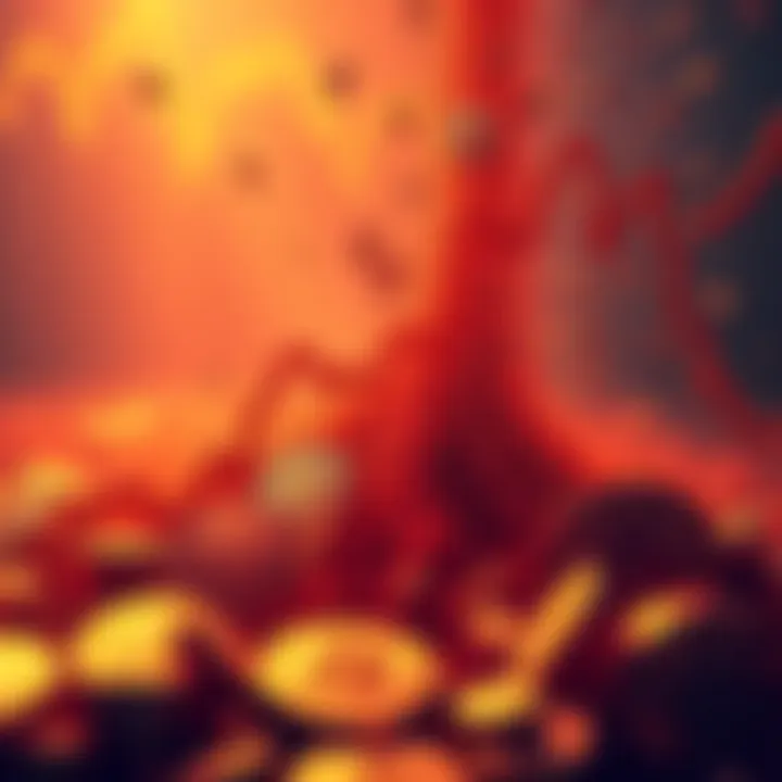 Crypto market liquidation A visual representation of a downward trend in cryptocurrency prices, showcasing a sudden drop affecting investors, with dollar signs fading away.