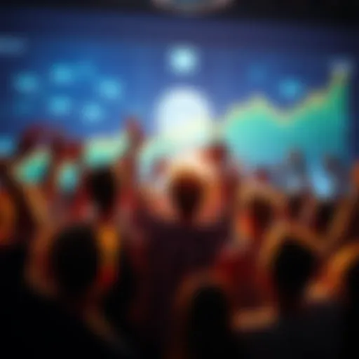 A group of excited crypto enthusiasts celebrating the rise in cryptocurrency prices, with charts showing upward trends in the background.