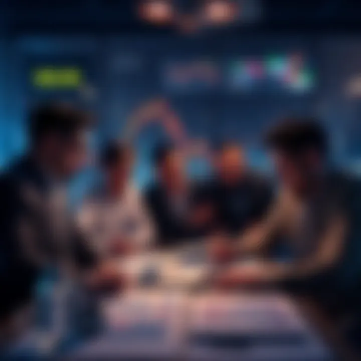 A group of investors discussing strategies for the crypto market with concerned expressions at a table filled with charts and graphs.