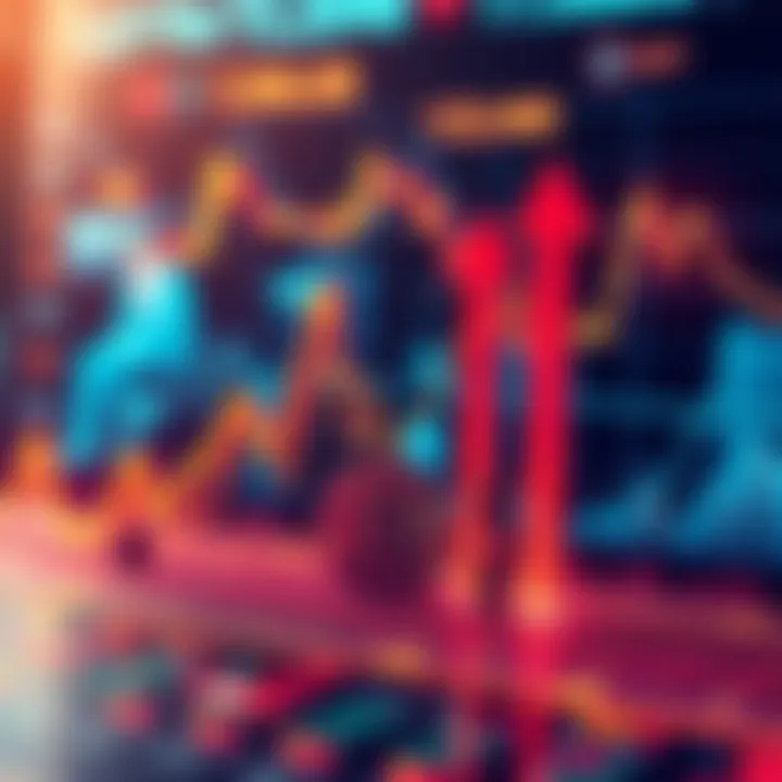 A graph showing cryptocurrency price fluctuations with arrows indicating upward and downward trends, symbolizing new investors and seasoned players in the market