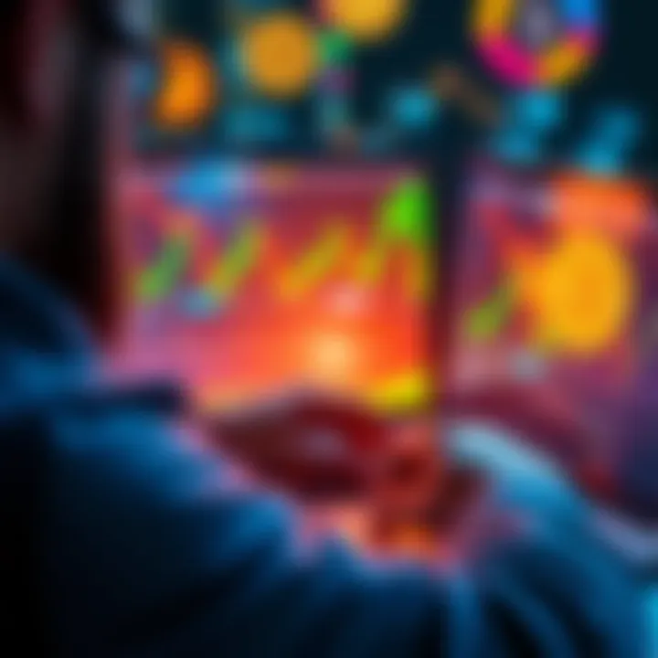 Person analyzing crypto market data on a laptop with charts and graphs visible, surrounded by digital currency symbols.