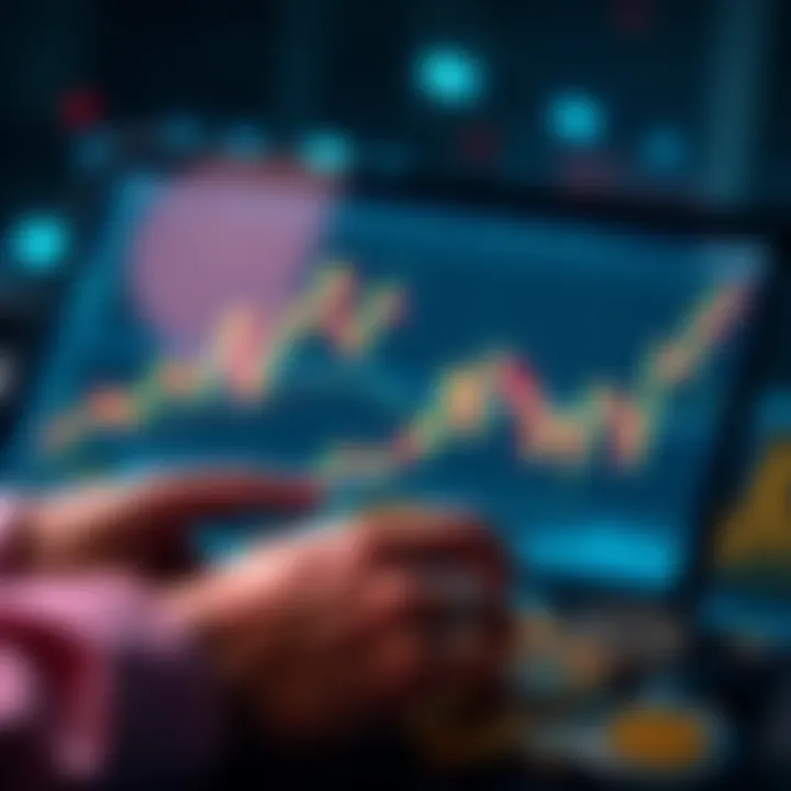 A person analyzing cryptocurrency charts and graphs on a digital device with tokens in the foreground