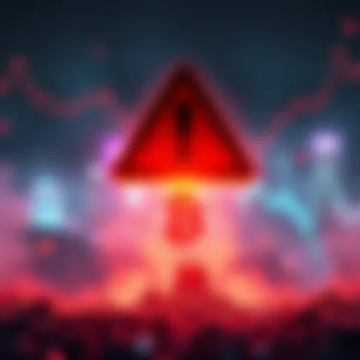 A graphic showing a warning sign with a falling cryptocurrency symbol, representing the threat of rug pulls in the market.