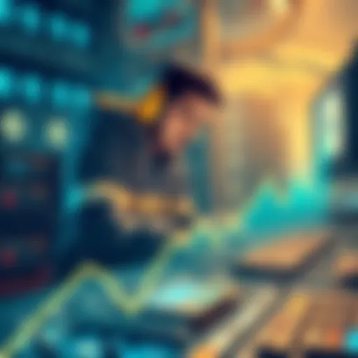 Illustration showing a miner working with computer hardware and graphs representing hash rate and accepted shares in cryptocurrency mining