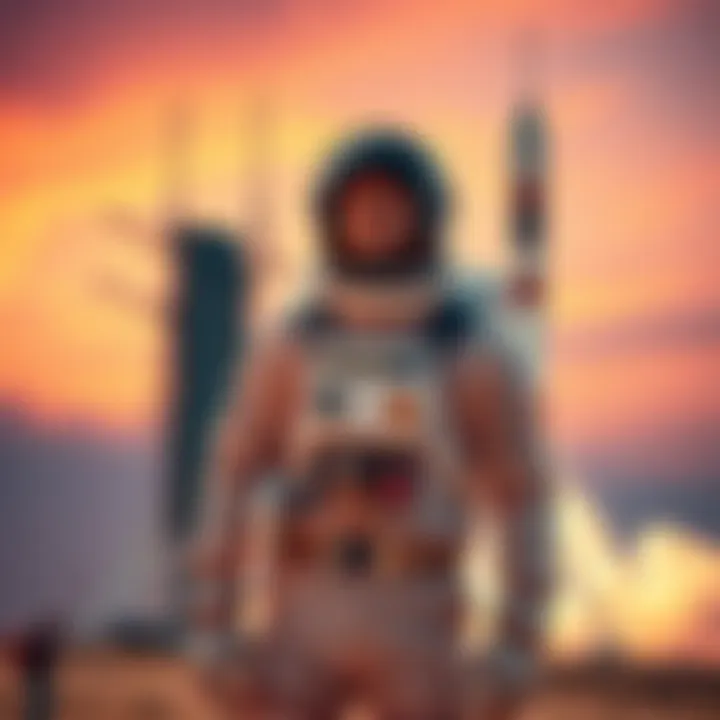 Crypto Mogul Leading Mars Mission A crypto billionaire in a space suit stands confidently in front of a SpaceX rocket preparing for its first crewed mission to Mars.
