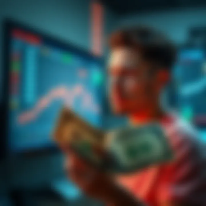 A person looking at falling cryptocurrency prices on a screen with a sarcastic expression, while holding a dollar bill, symbolizing dollar-cost averaging in a bear market.
