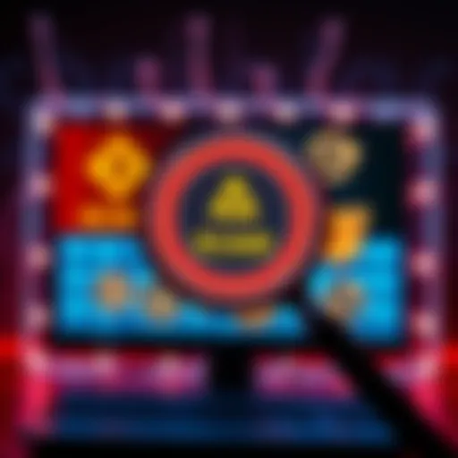 A magnifying glass over a computer screen displaying questionable crypto symbols, representing crypto scams