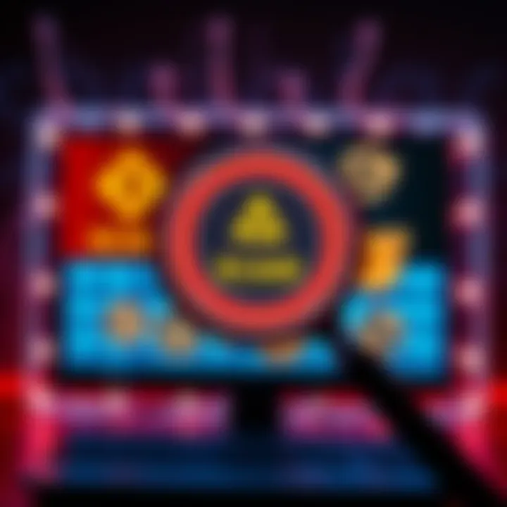 Crypto platform warning signs A magnifying glass over a computer screen displaying questionable crypto symbols, representing crypto scams
