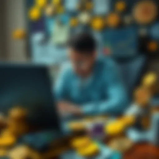 A person looking stressed while analyzing charts and coins on a laptop, surrounded by various cryptocurrency tokens and papers, seeking help online.