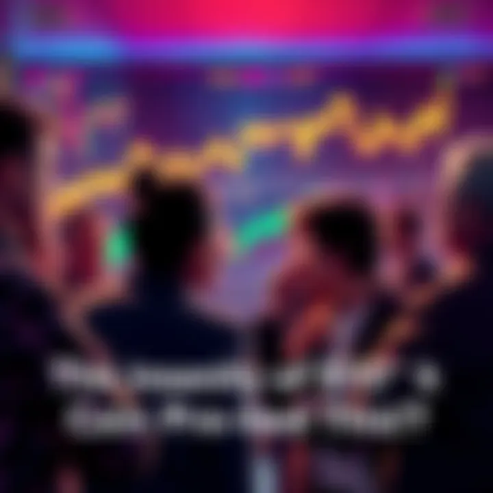 Group of people debating cryptocurrency predictions with charts and graphs in the background