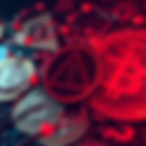 A digital representation of cryptocurrency symbols with a warning sign, symbolizing the alert over gaps in regulation.