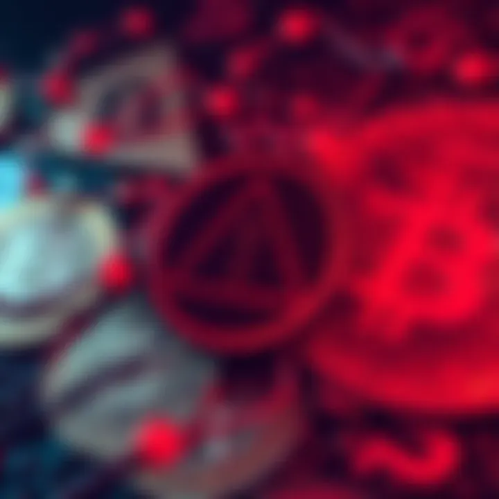 A digital representation of cryptocurrency symbols with a warning sign, symbolizing the alert over gaps in regulation.