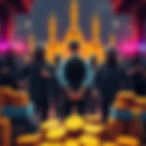 A group of law enforcement officers escorting a man in handcuffs, surrounded by stacks of Bitcoin and police vehicles, illustrating the arrest of a crypto scam kingpin in Cambodia.