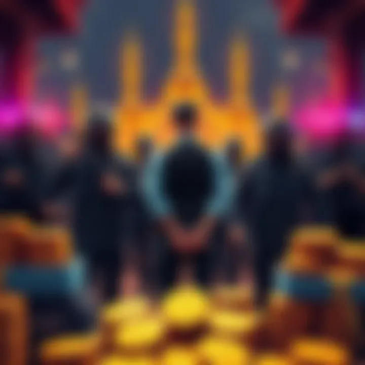 A group of law enforcement officers escorting a man in handcuffs, surrounded by stacks of Bitcoin and police vehicles, illustrating the arrest of a crypto scam kingpin in Cambodia.