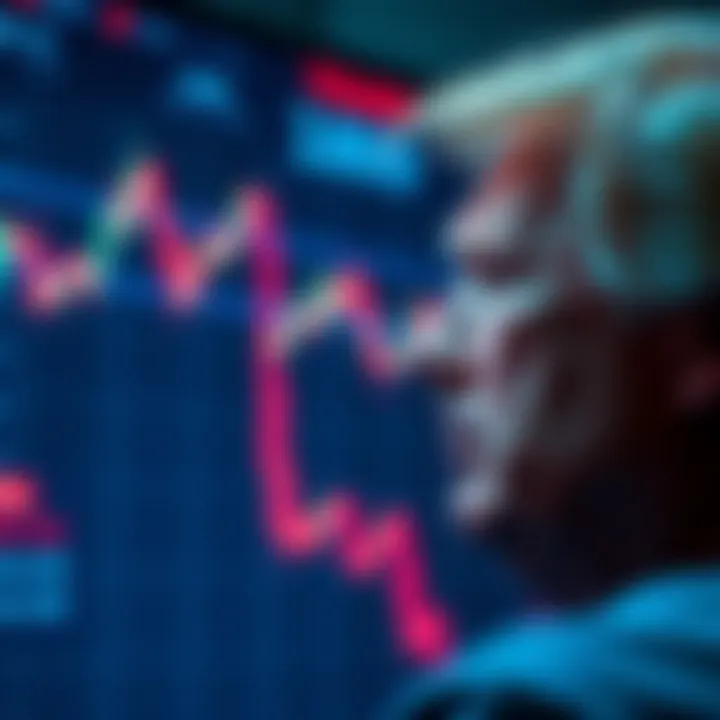 Person looking at a cryptocurrency chart A former Trump supporter gazes at a downward trending cryptocurrency chart, showing disappointment and concern.