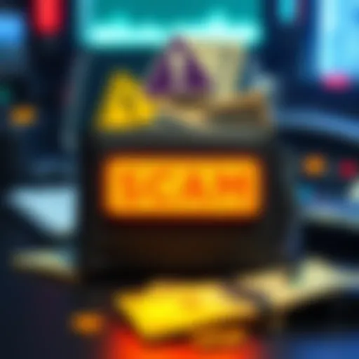 A graphic showing a digital wallet with warning signs and dollar bills, representing crypto address poisoning scams