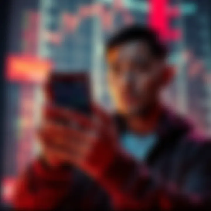 A person looking at a smartphone displaying crypto charts and signals with a puzzled expression.