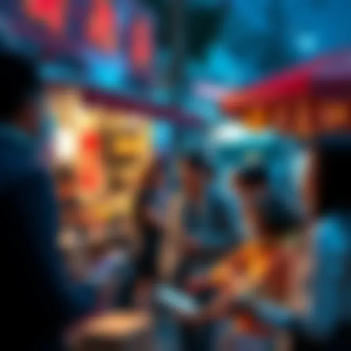 A group of people paying for food and services using cryptocurrencies at a food truck and online shop