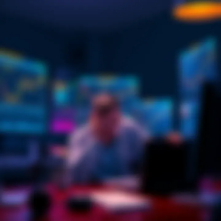 A person sitting at a desk looking stressed while monitoring cryptocurrency prices on multiple screens