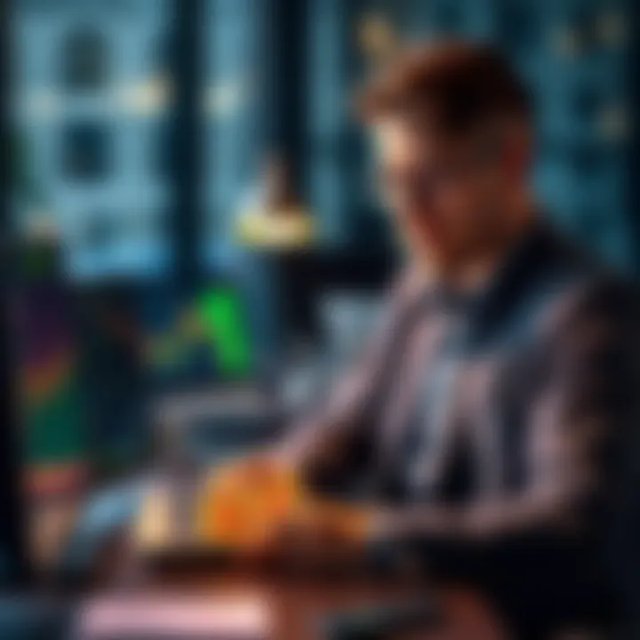 Business owner reviewing cryptocurrency tax software on a computer with digital currency icons nearby