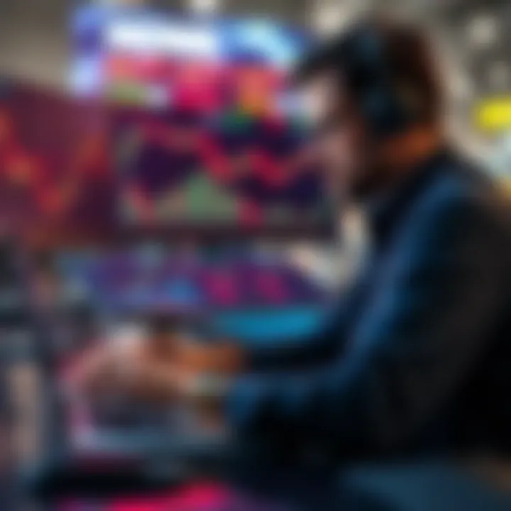 Crypto Trader Using AI Tools A crypto trader analyzes data on a laptop, with AI tools displayed on the screen, showcasing financial graphs and trends.