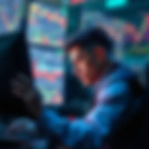 A trader looks at multiple screens displaying fluctuating cryptocurrency graphs and charts, showing confusion and focus.