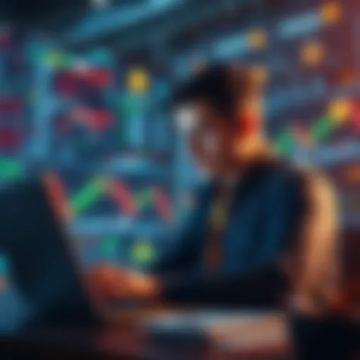 A crypto trader looking at charts and graphs on a laptop, surrounded by digital currency symbols