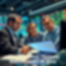 A group of diverse traders reviewing charts and discussing strategies in a modern office, focused on cryptocurrency markets.