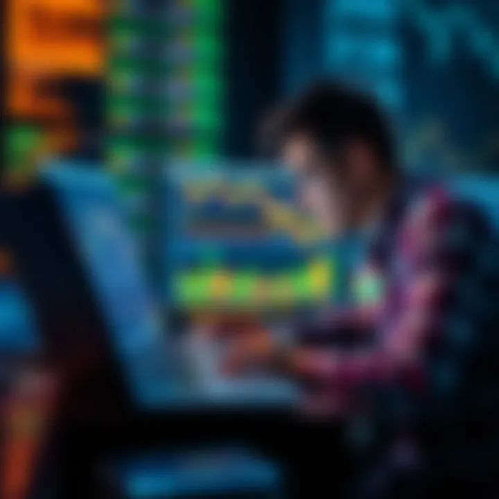 A focused individual studying crypto market trends with charts and graphs visible on the screen