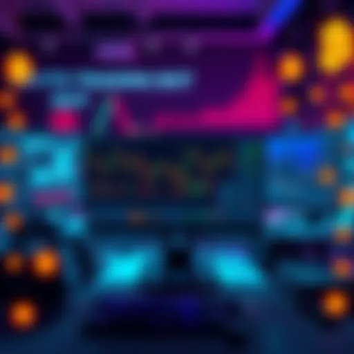 Crypto Trading Bot Platform A modern workspace showcasing a computer screen with crypto trading graphs and a bot interface, surrounded by digital currency symbols.