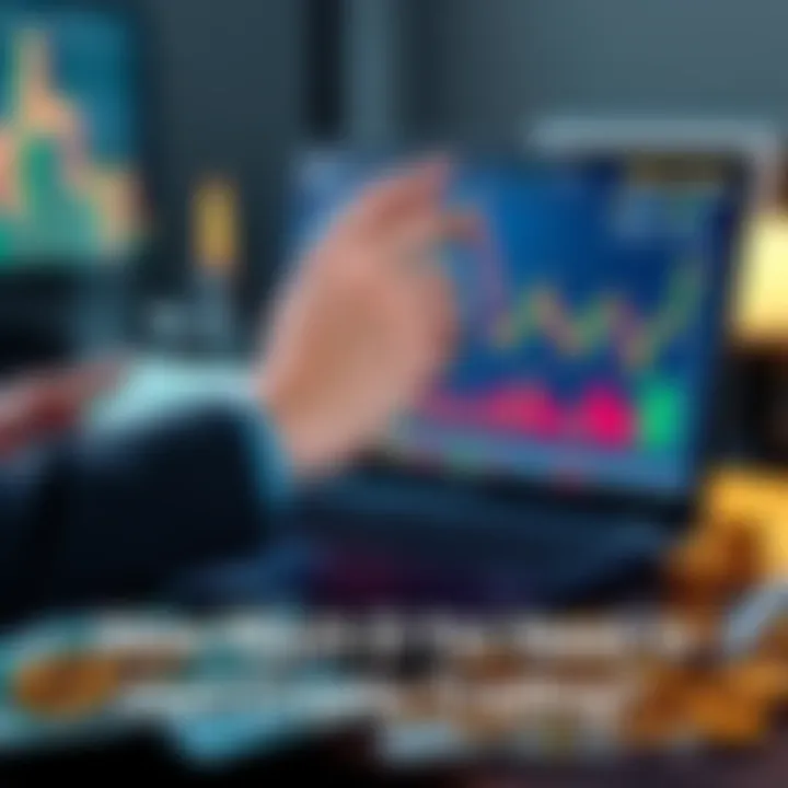 A person analyzing cryptocurrency charts on a laptop with coins and notes around them