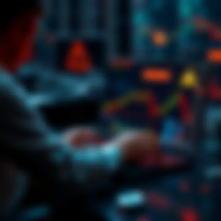 A person reviewing cryptocurrency charts on a laptop, with warning signs and tips displayed on the screen, symbolizing caution in trading.