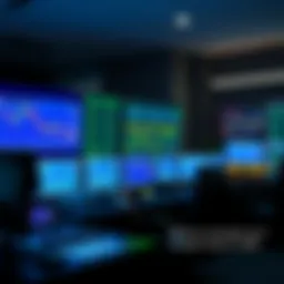 A busy trading desk showing cryptocurrency charts and screens with real-time market data in 2026.