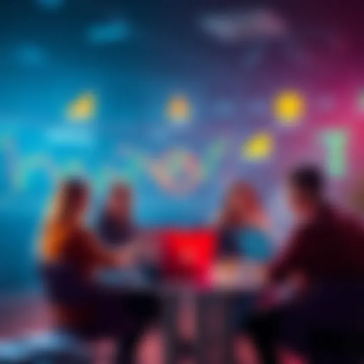 A group of people discussing cryptocurrency trends and tips with laptops and charts in a techy environment.