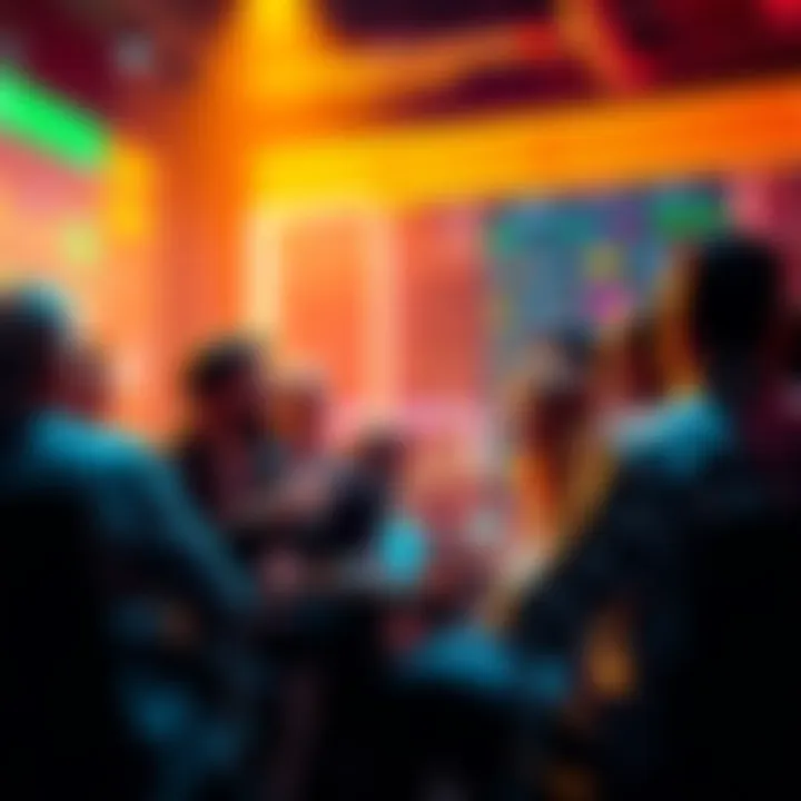 People engaged in a discussion about cryptocurrency trading, sharing tips and warnings in a lively setting.