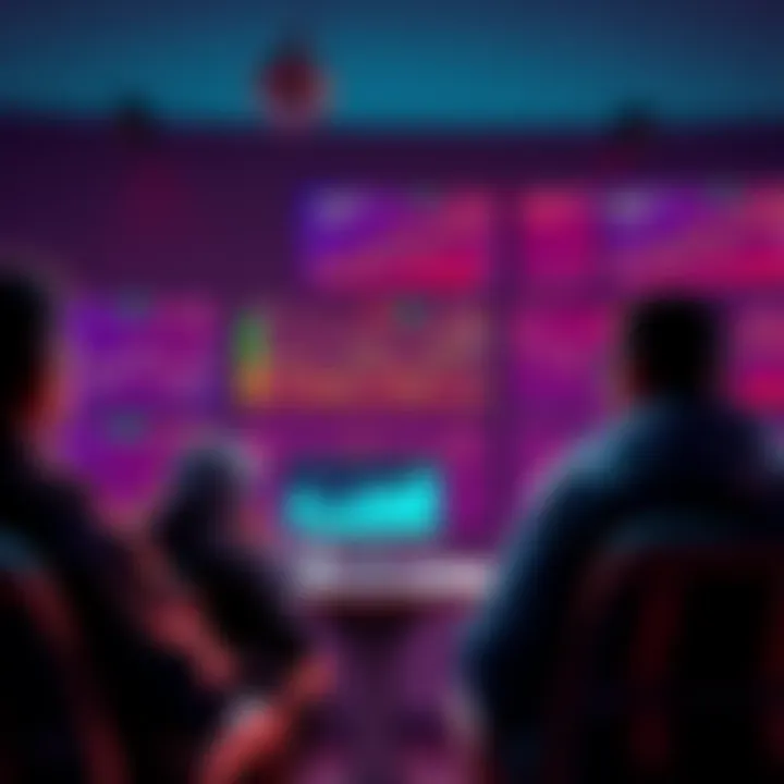 A group of people engaging in a discussion about cryptocurrency trading with charts and graphs on screens.