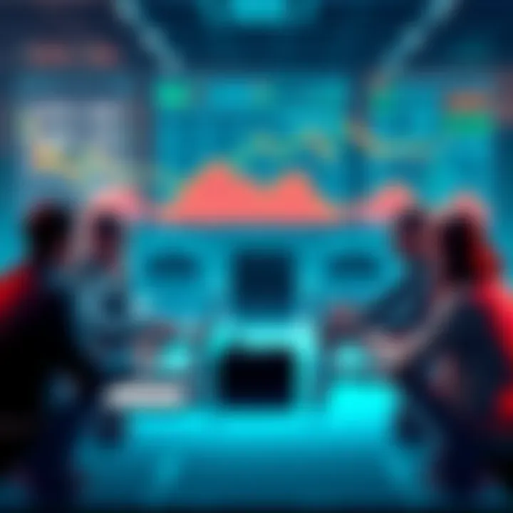 A group of people discussing cryptocurrency trends around a table, with laptops and charts