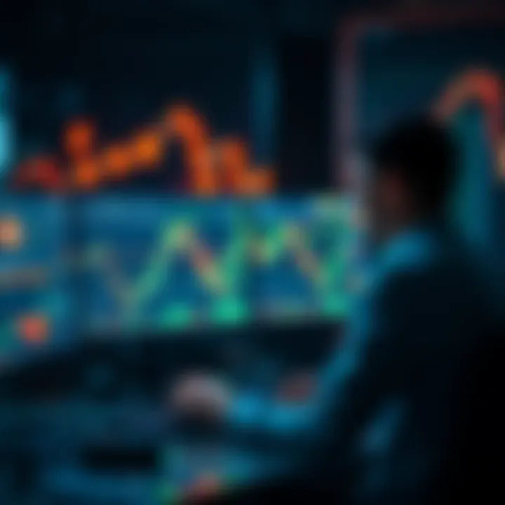 A trader analyzing charts and graphs on a computer with cryptocurrency symbols in the background.