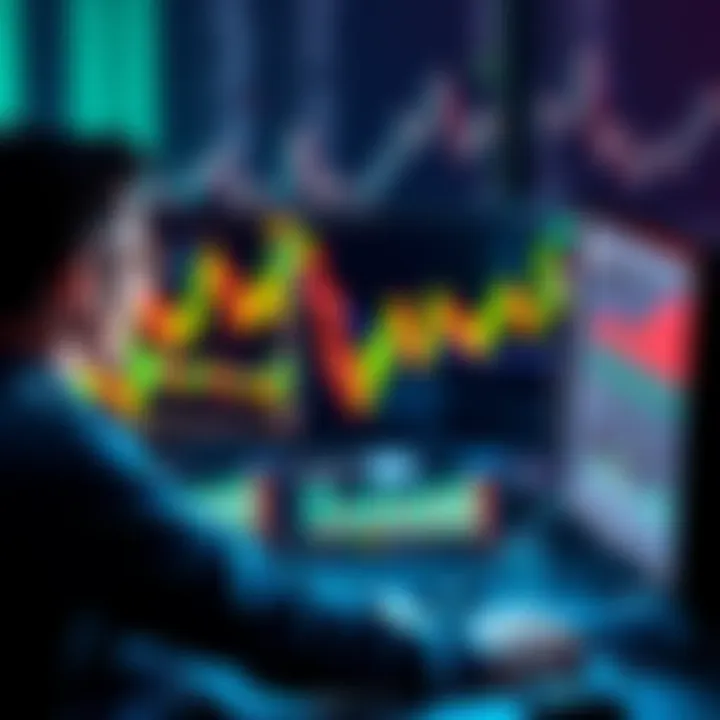 A person looking at charts on a computer screen with a mix of excitement and concern about cryptocurrency trading.