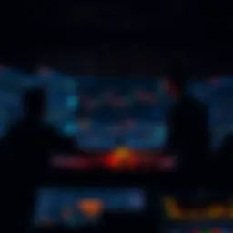 Traders looking at cryptocurrency charts and graphs in a dimly lit room at night