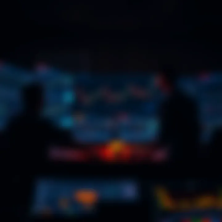 Traders looking at cryptocurrency charts and graphs in a dimly lit room at night