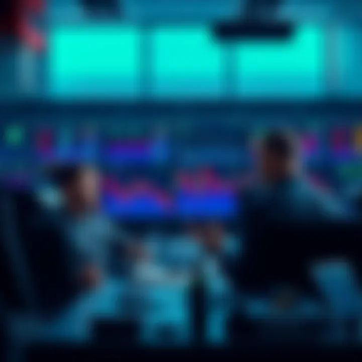 A group of people analyzing cryptocurrency charts and discussing strategies at a trading desk