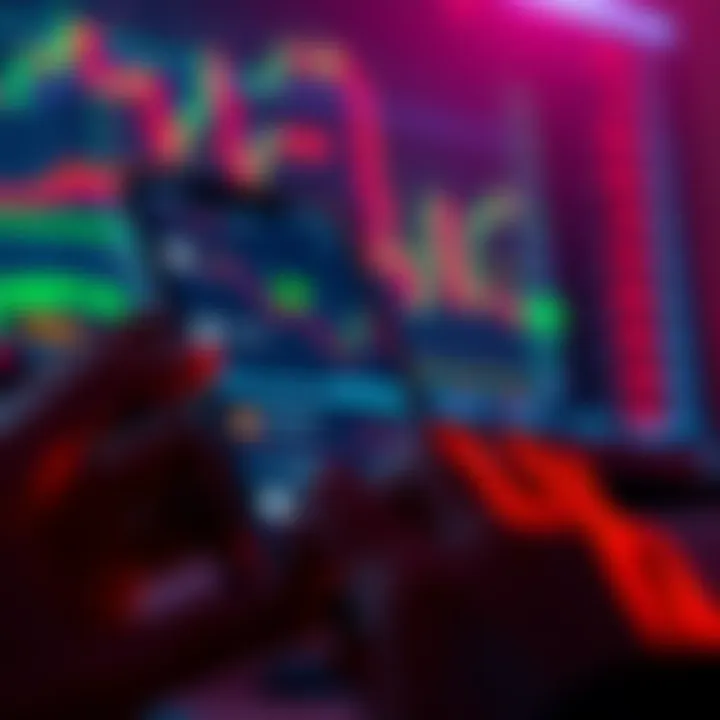 A person analyzing cryptocurrency charts on a smartphone with Telegram open, showing various channel names and trading signals.