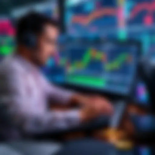 A trader analyzing crypto charts on a laptop with graphs and digital currencies around