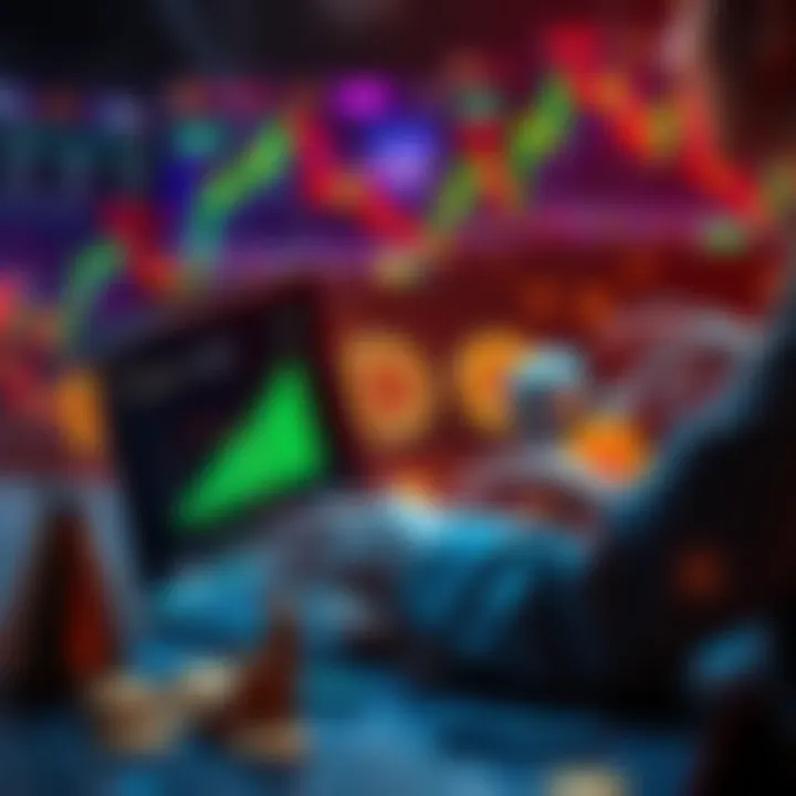 A person analyzing cryptocurrency trends on a laptop, surrounded by digital coins and graphs, showcasing trading strategies.
