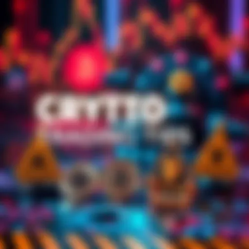 A graphic showing cryptocurrency symbols with caution signs and security elements, representing trading tips and scams in the crypto market.