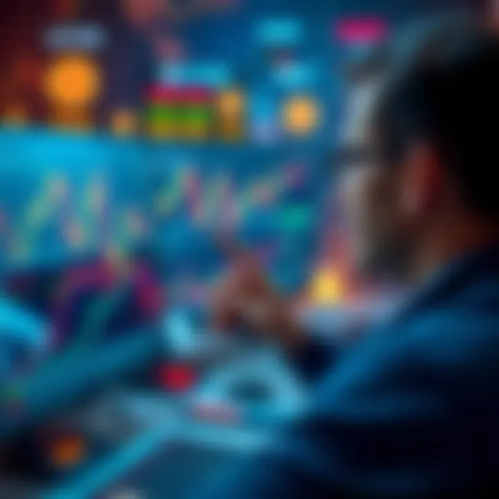 A person looking at charts and cryptocurrency symbols on a computer screen, reflecting caution and strategy in trading.