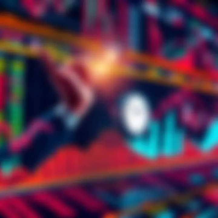 A digital display showing a 24/7 crypto trading platform with upward trending graphs and a clock symbolizing continuous operation.