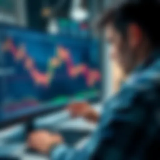 A person analyzing cryptocurrency charts on a computer screen, with coins and graphs displayed.