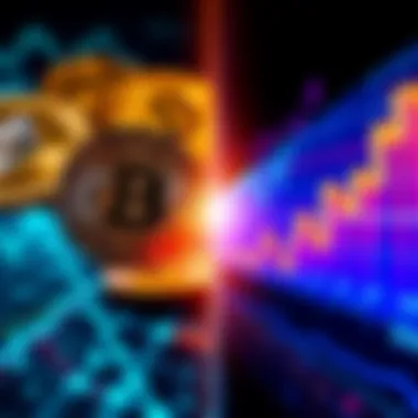 A split image showing cryptocurrency coins like Bitcoin and Ethereum on one side and stock market charts with upward trends on the other side, representing a comparison between the two investment opti...